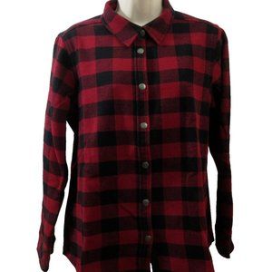 Orvis Flannel Shirt Snap Jacket Fleece Lined Shacket Sz Large Red Black Plaid